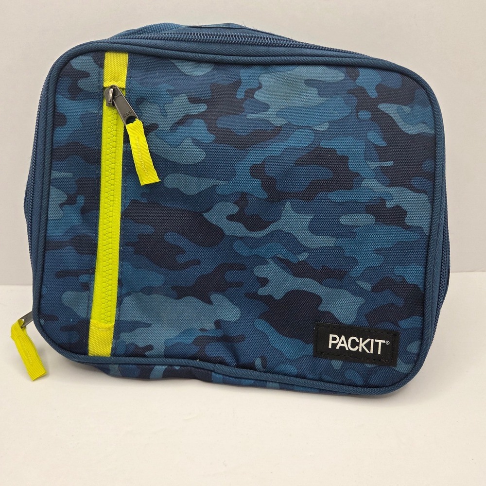 PackIt Lunch Box Freezable Cooler Bag Blue Camo Neon Yellow Zip Buckle Handle